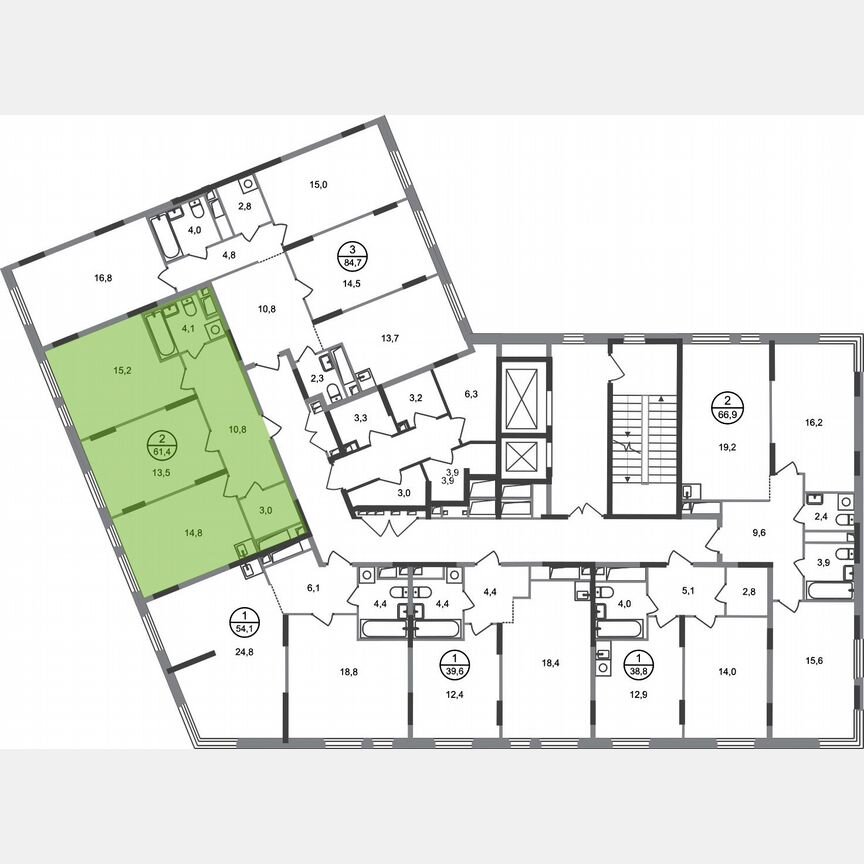 2-к. квартира, 61,4 м², 15/17 эт.