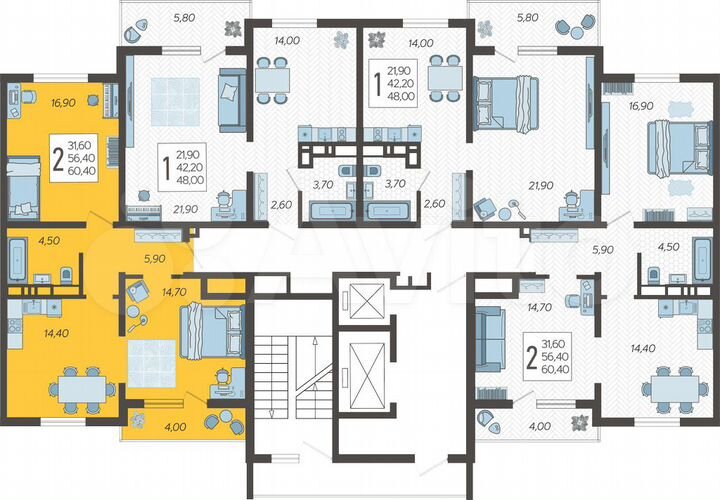 2-к. квартира, 60,4 м², 8/16 эт.