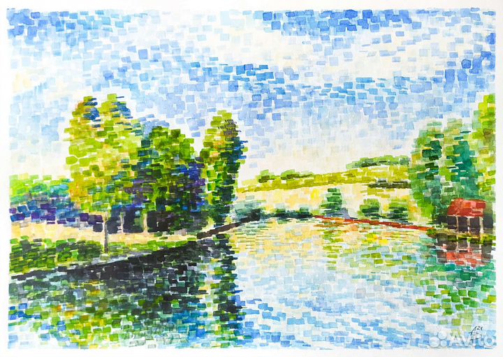 Картина акварелью пастелью пейзаж парусник горы