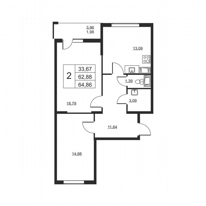 2-к. квартира, 64,9 м², 16/19 эт.