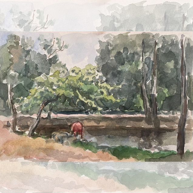 Акварель, рисунок. Крылов П. Н. "На реке"