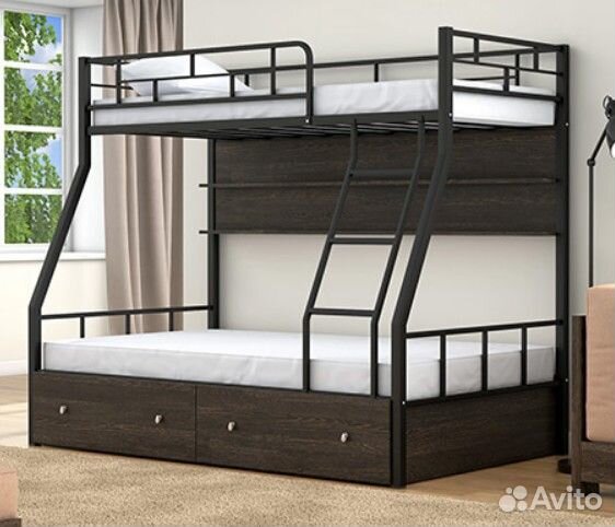 Двухъярусная кровать с полкой и ящиками Коричневый