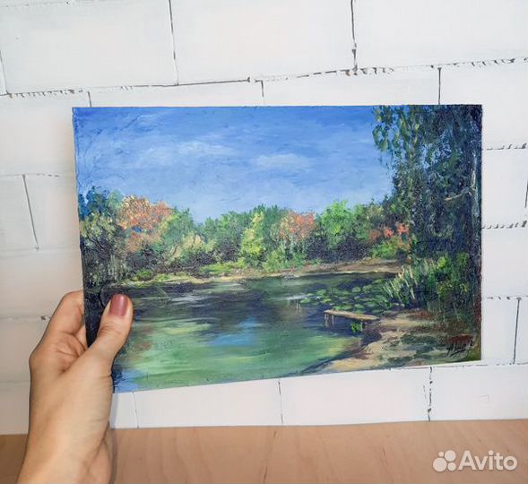 Картина с березами прудом Пейзаж озеро Лес Этюд