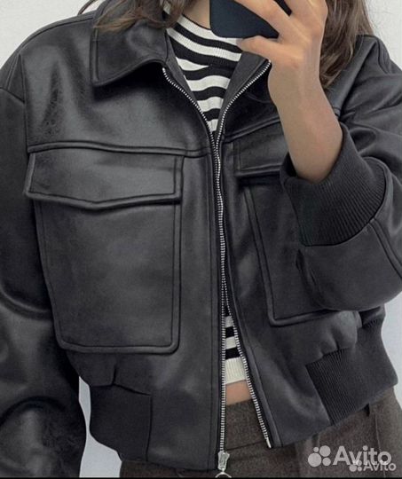Женская кожаная куртка бомбер в стиле Зара новинка