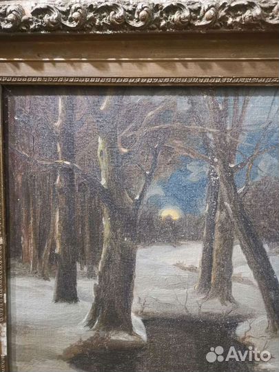 Старинная картина. Зимний пейзаж. Холст. Масло