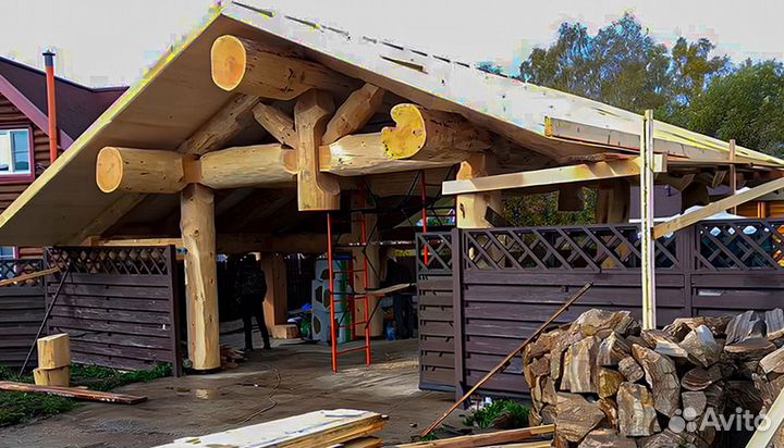 Навес для трех машин из бревна 7,5 на 8,5 метров