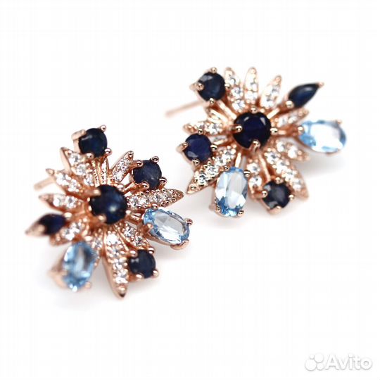 Серьги серебро сапфир, топаз С326