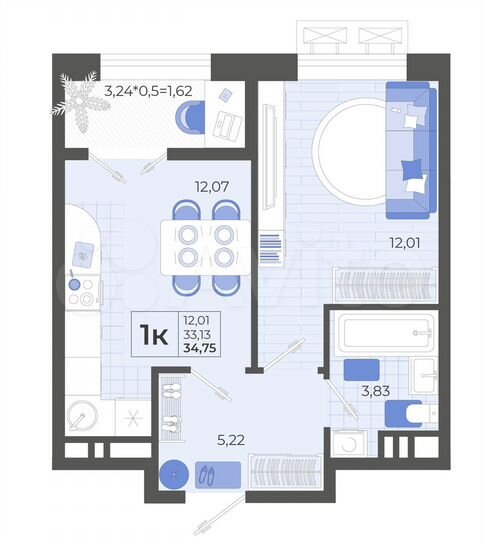 1-к. квартира, 34,8 м², 2/12 эт.