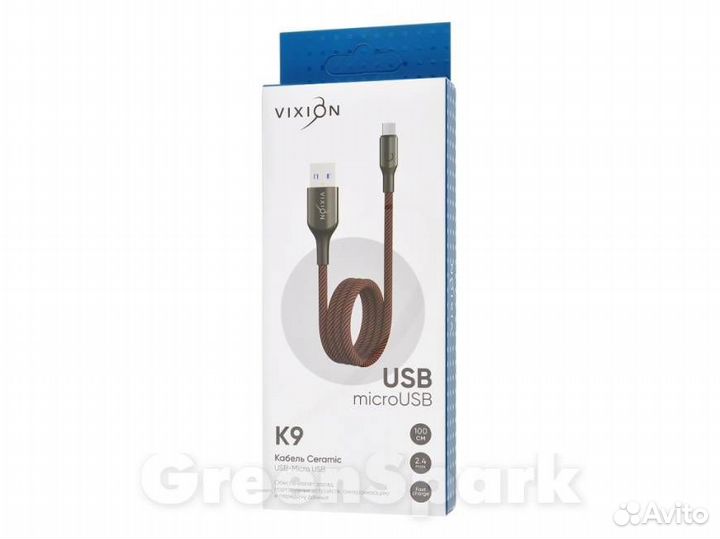 Кабель USB vixion K9m Ceramic microUSB 1м черно/к