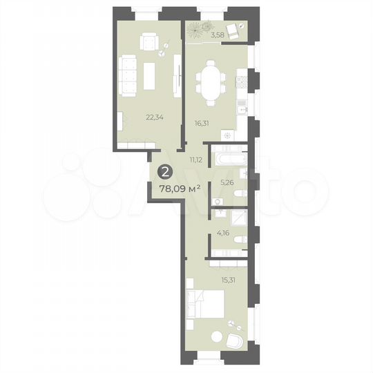 2-к. квартира, 78,1 м², 7/16 эт.