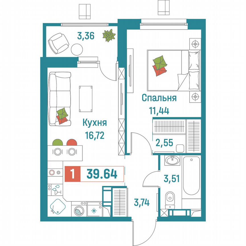 1-к. квартира, 39,6 м², 7/18 эт.
