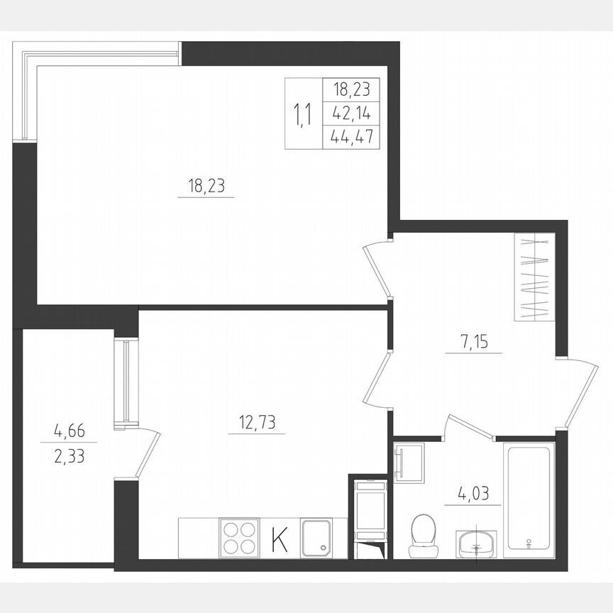 1-к. квартира, 44,5 м², 4/8 эт.