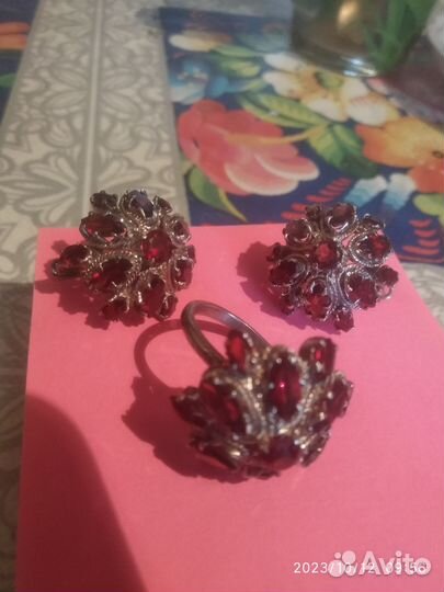 Серебряный комплект с гранатами Чехия 1970х годы