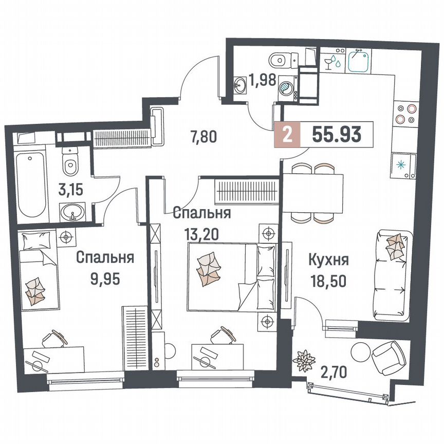 2-к. квартира, 55,9 м², 12/18 эт.