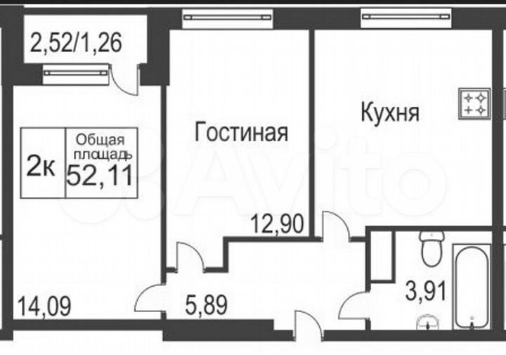 2-к. квартира, 52 м², 1/15 эт.