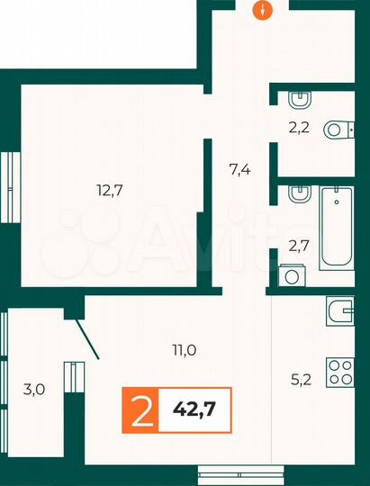 2-к. квартира, 42,7 м², 2/25 эт.