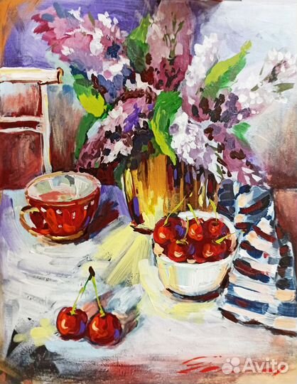 Картина сирень букет в вазе натюрморт масло холст