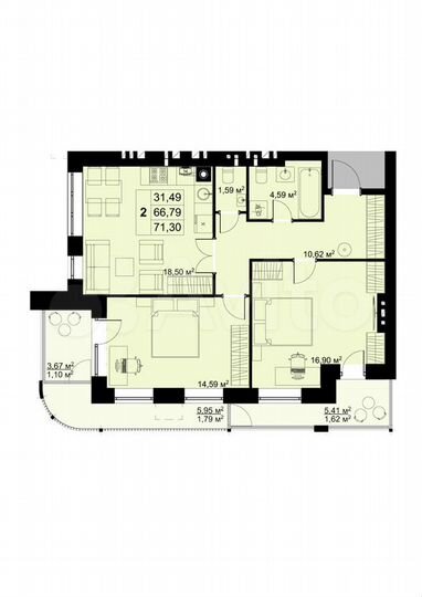 2-к. квартира, 71,3 м², 4/6 эт.