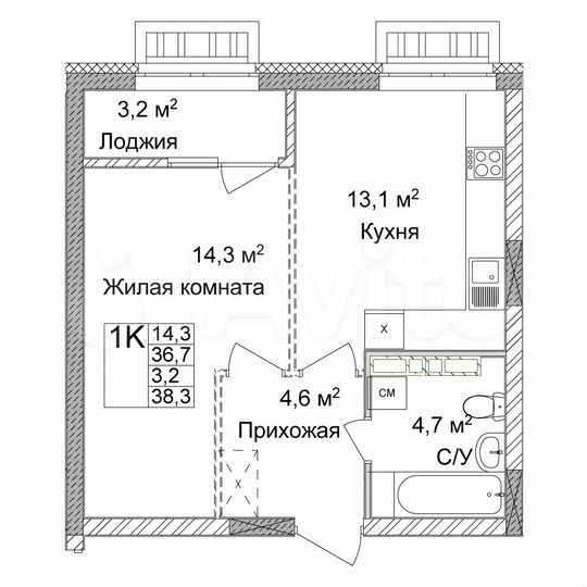 1-к. квартира, 38,3 м², 6/17 эт.