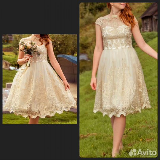 Платье золотистое с вышивкой на свадьбу или выпуск