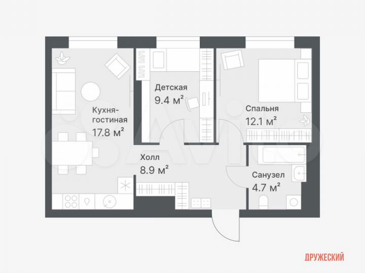 2-к. квартира, 52,9 м², 9/14 эт.