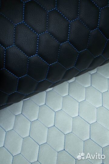 Стеганый кожзам черный с синими сотами