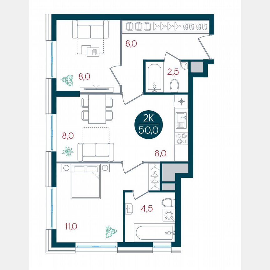 2-к. квартира, 50 м², 11/32 эт.