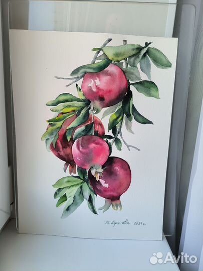 Картина акварелью гранаты на ветке
