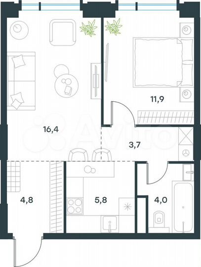 2-к. квартира, 46,2 м², 16/19 эт.