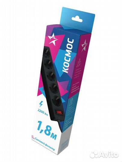 Удлинитель с сетевым фильтром 5х1.8м с заземл. 10А IP20 2.2кВт пвс 3х0.75 с выкл. с индикатором сети