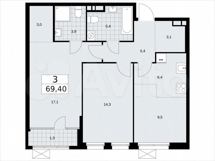 3-к. квартира, 69,4 м², 8/16 эт.