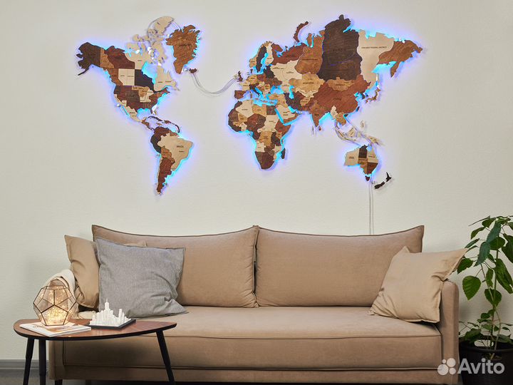 Деревянная карта мира с подсветкой в рассрочку