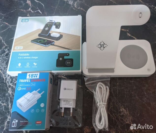Беспровоная зарядка Док-станция 4в1 15W +блок QC3
