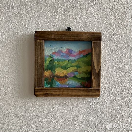 Горный пейзаж картина маслом миниатюра 13х13