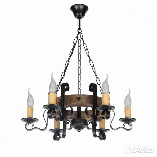 Деревянная люстра-колесо с элементами ковки