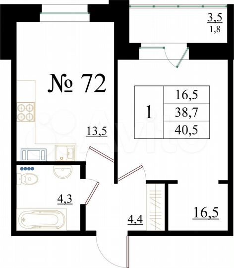 1-к. квартира, 40,5 м², 1/8 эт.
