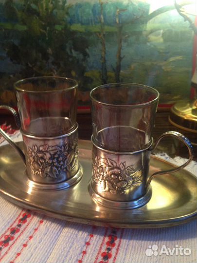 Подстаканники с подносом старинные мельхиор