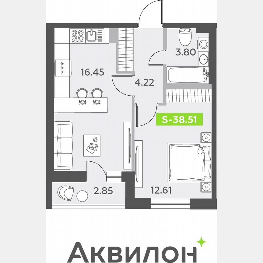1-к. квартира, 38,5 м², 2/12 эт.