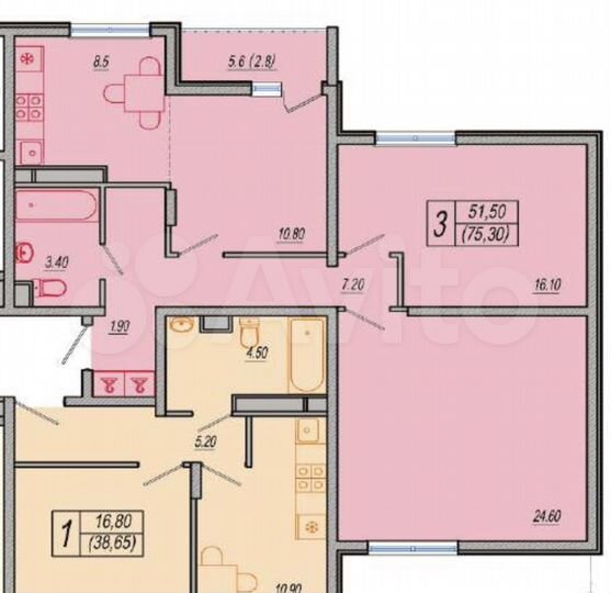 3-к. квартира, 75,3 м², 12/12 эт.