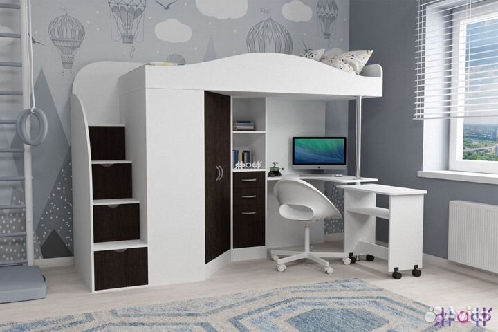 Двухэтажная кровать чердак со столом и шкафом