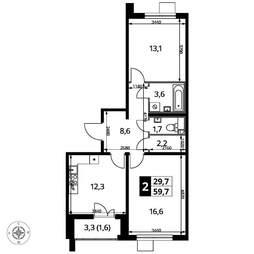 2-к. квартира, 59,7 м², 7/15 эт.