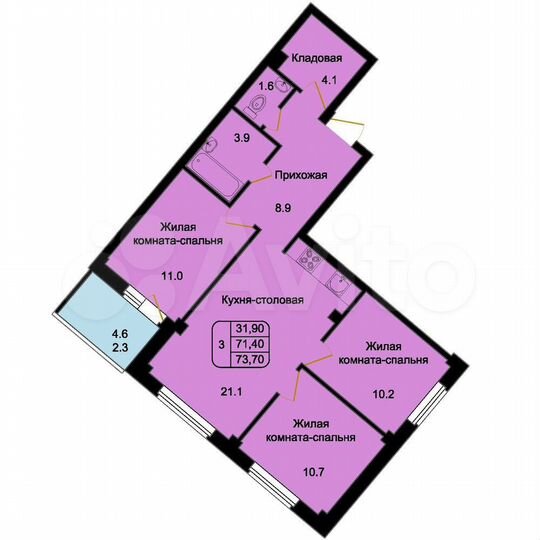 3-к. квартира, 73,7 м², 2/8 эт.