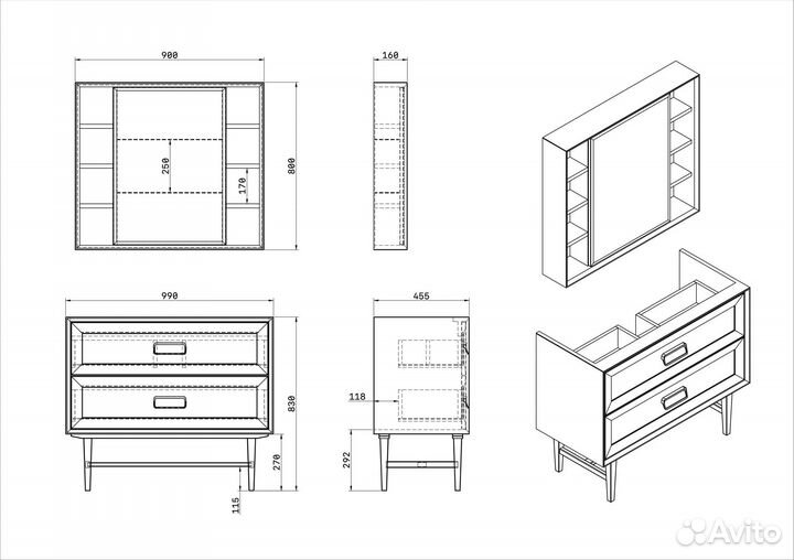 Тумба с раковиной для ванной 100см mid century