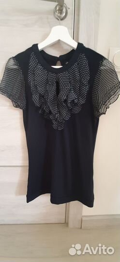 Блузка pin up жабо, синяя в горошек, р.46-48