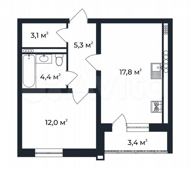 1-к. квартира, 44,3 м², 2/5 эт.