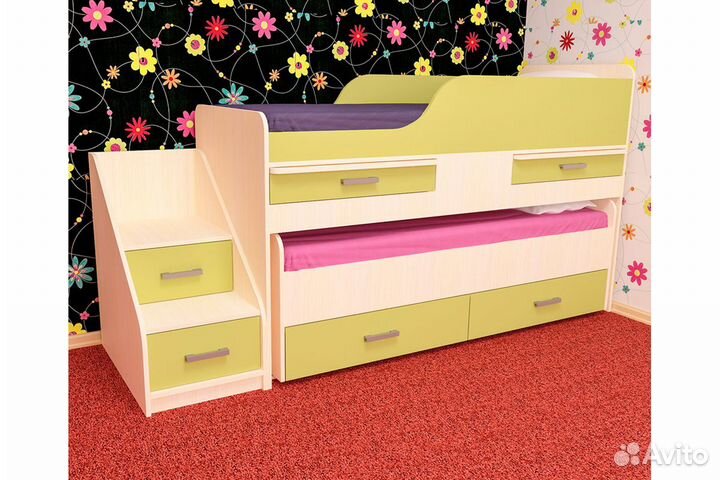 Кровать детская Лёсики двухъярусная с лесенкой, ящ
