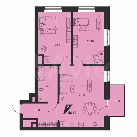 2-к. квартира, 58,6 м², 6/8 эт.