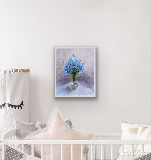 Картина маслом, натюрморт, незабудки, 25*20 см