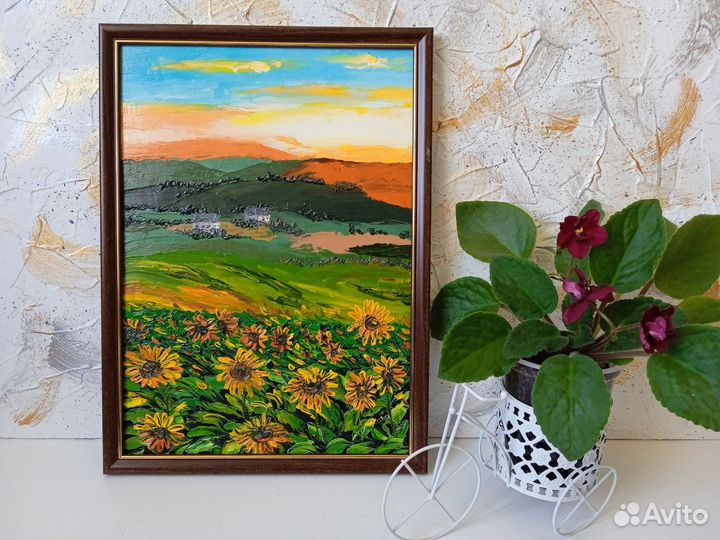 Картина маслом пейзаж Подсолнухи и закат. Мастихин