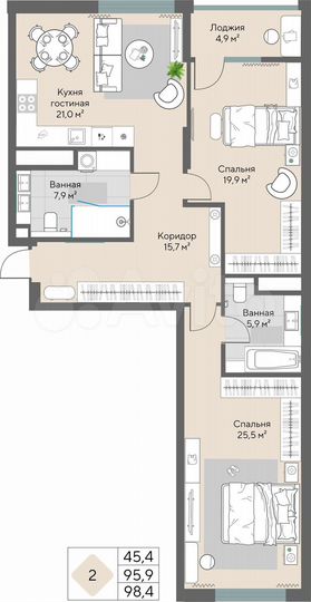 2-к. квартира, 98,4 м², 12/24 эт.